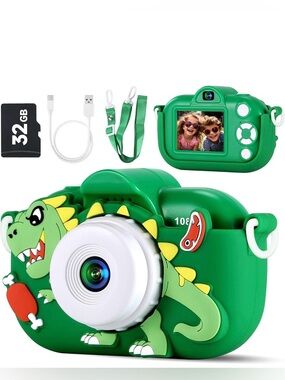 Green Dinosaur Kids Digital Camera with 32GB Card and USB